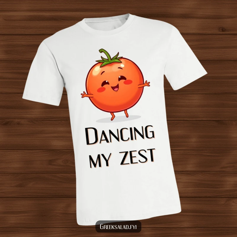 Funny t-shirt depicting a smiling tomato with tiny legs engaged in a lively and energetic dance move.
