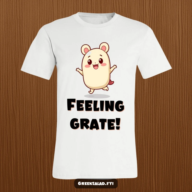 Funny t-shirt featuring a block of feta cheese character in a mid-air joyful hop, celebrating cheesy happiness.