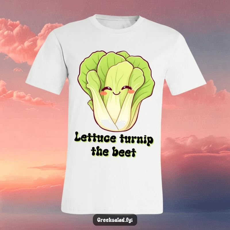 Funny t-shirt depicting a happy, giggling romaine lettuce leaf waving merrily, a whimsical and humorous piece of apparel.
