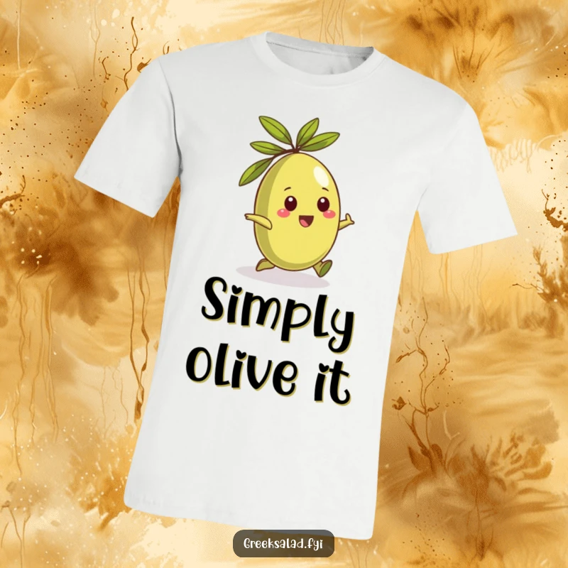 Funny T-shirt showing a playful Greek olive character rolling happily, perfect for olive enthusiasts.