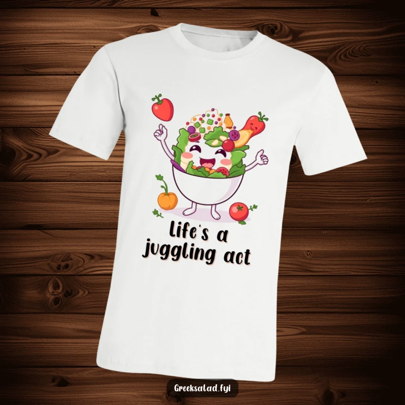 Funny smiling Greek salad bowl character on a t-shirt, artistically balancing small ingredients, exuding charm and humor.
