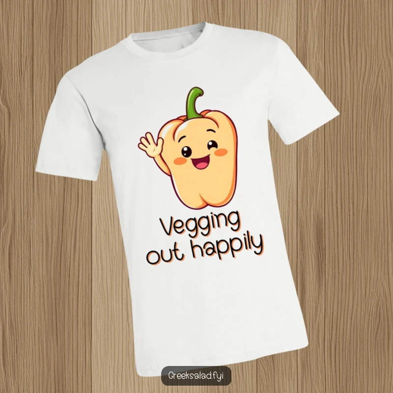 Funny T-shirt featuring a grinning bell pepper segment doing a cheerful wave, perfect for spreading positivity.
