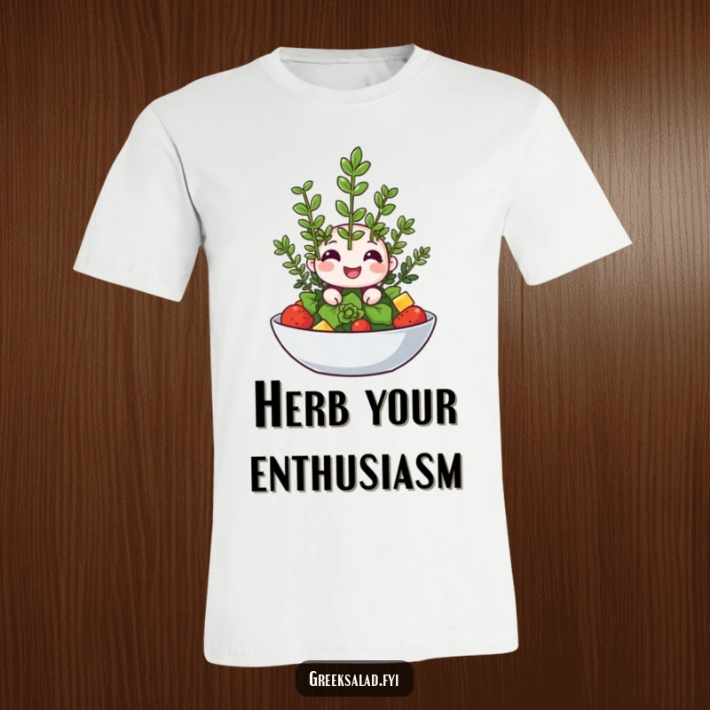 Funny T-shirt showing a happy oregano sprig winking from a salad, perfect for herb lovers and chefs.