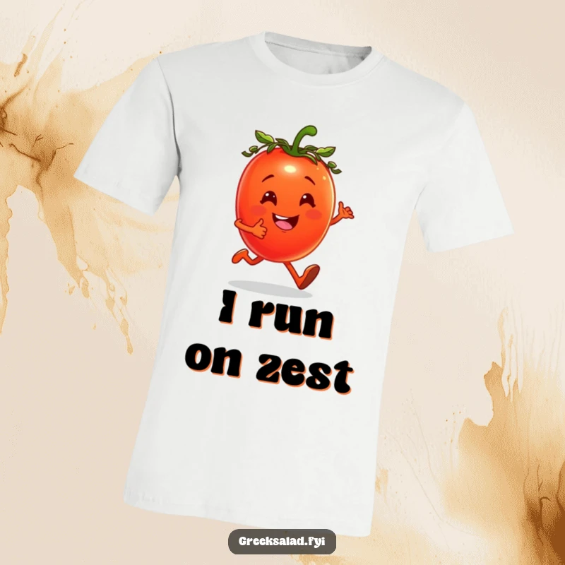 Funny t-shirt of a cheerful tomato wearing a small laurel wreath, jogging with a happy expression.
