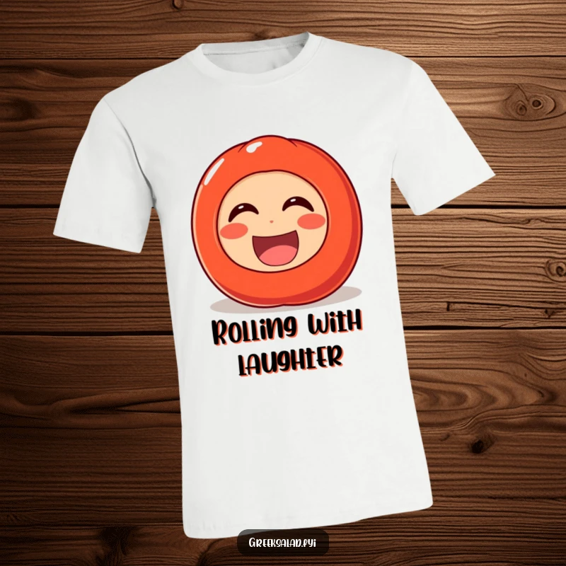 Funny t-shirt depicting a cheerful tomato character rolling with laughter, exuding infectious joy and vegetable-themed comedy.