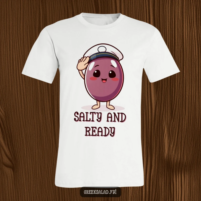 Funny t-shirt graphic of a jovial Kalamata olive sporting a mini sailor cap and giving a friendly salute, radiating maritime cheer.