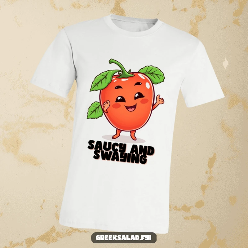 Funny t-shirt showcasing a tomato character with a goofy grin, performing a wobbly dance with infectious, energetic humor.