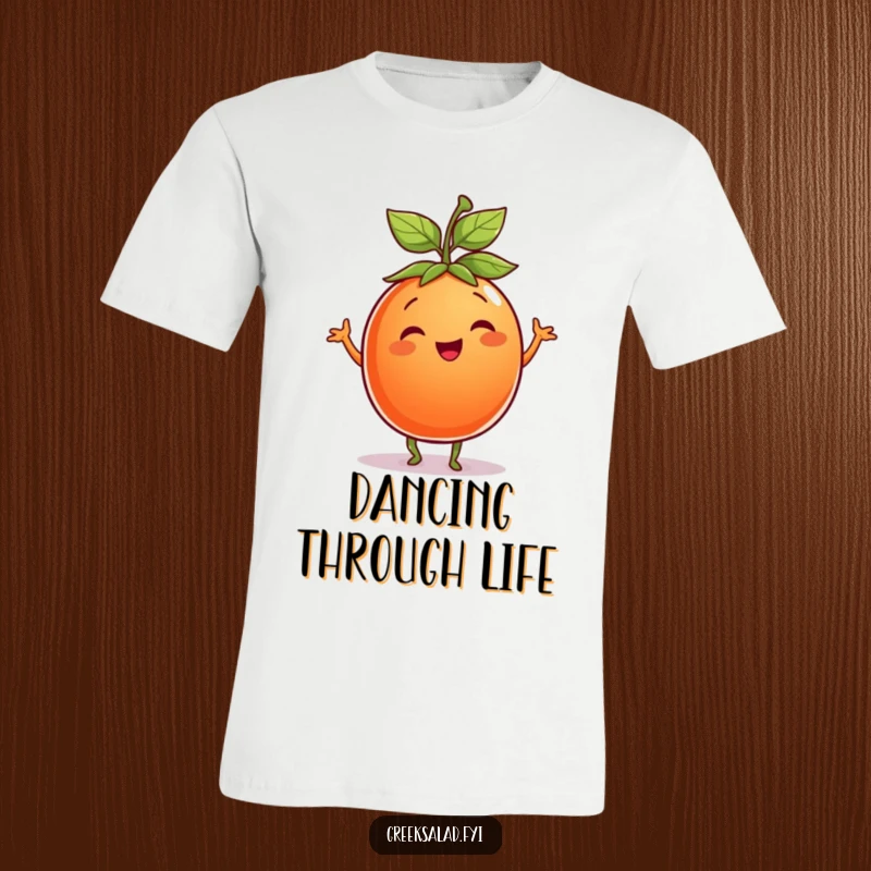Funny Tomato T-Shirt: A smiling tomato with a leaf hat performs a happy, playful dance, radiating pure joy.