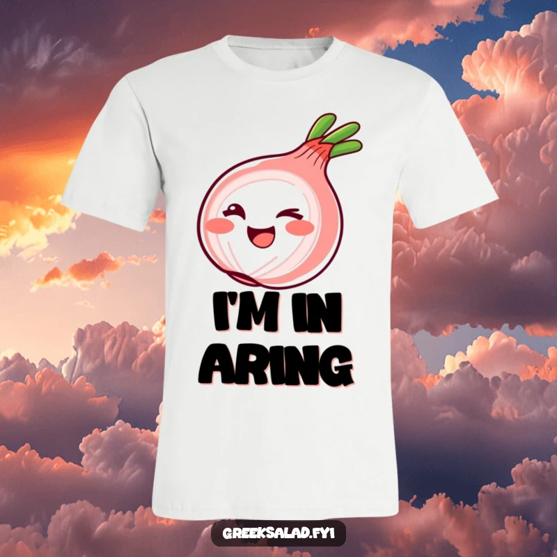 Funny T-Shirt with a smiling red onion ring giving a playful wink, expressing a fun and flirty personality.