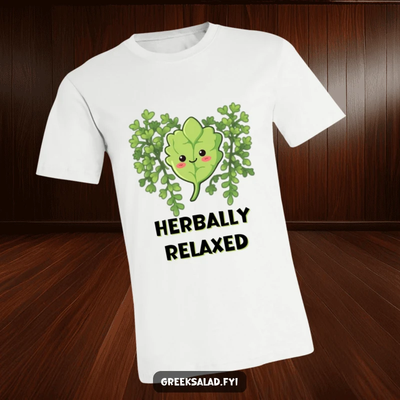 Funny T-shirt featuring a curious oregano leaf with a smile, gently floating down, a symbol of calm living.