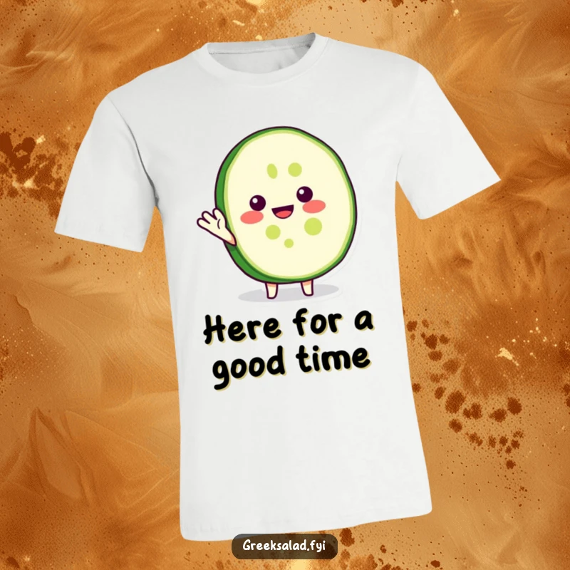 Funny t-shirt with a joyful cucumber slice character performing a friendly wave, embodying a quirky and positive vibe.