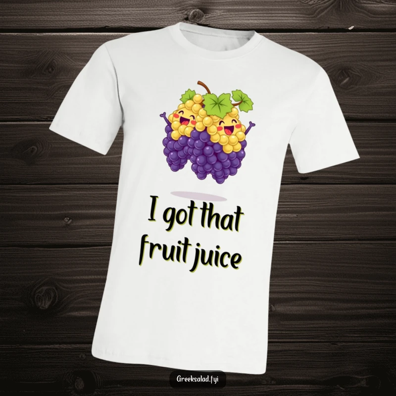 Funny t-shirt featuring a cheerful bunch of grapes executing a perfectly synchronized jump, depicting playful and energetic fruit silliness.