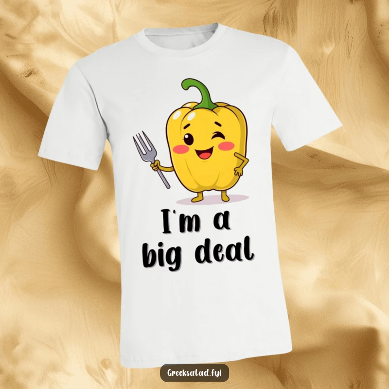 Funny t-shirt graphic of a jolly bell pepper striking a confident pose and holding a miniature fork, showcasing its foodie attitude.