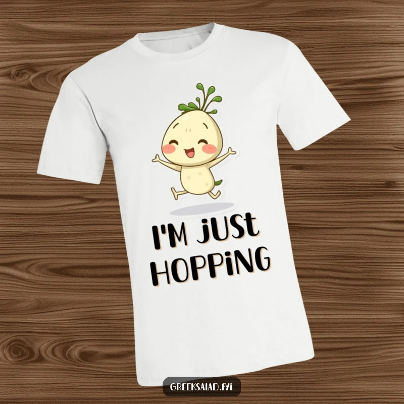 Funny dill sprig t-shirt with a charming herb character in mid-hop, conveying pure happiness and playful energy.