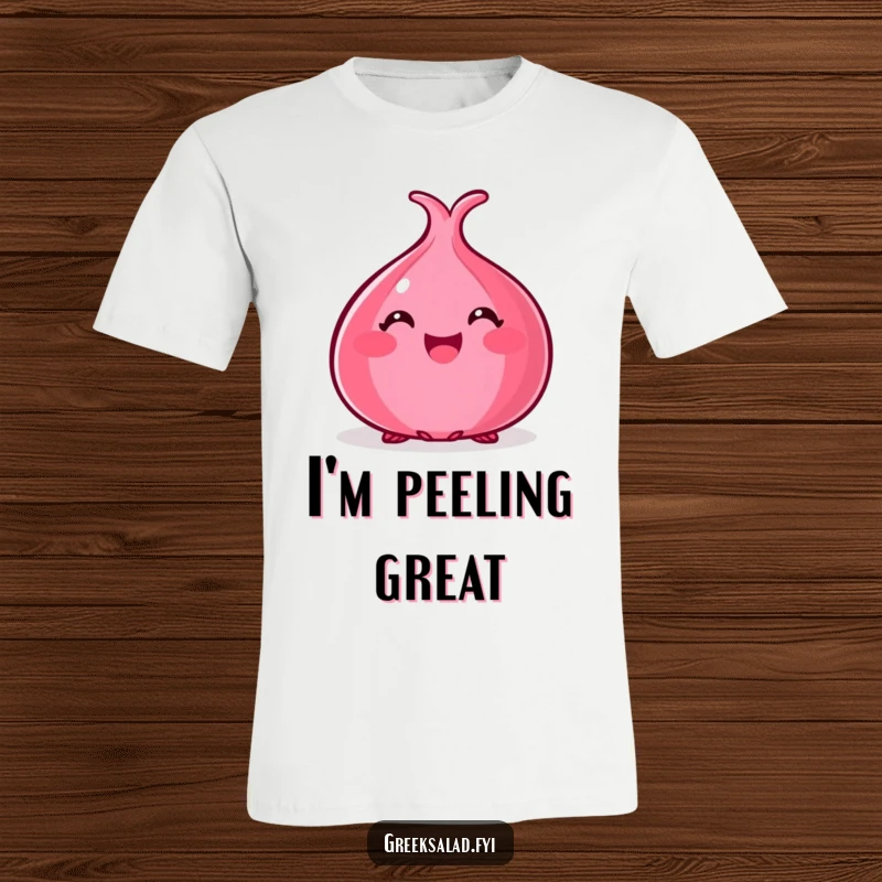 Funny t-shirt featuring a happy red onion peeking out, a quirky and humorous apparel choice.