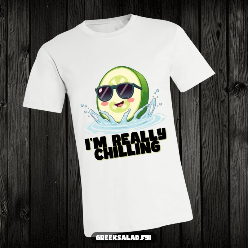 Funny Cucumber Sunglasses T-Shirt: A smiling cucumber wearing sunglasses splashes with joy, bringing cool vibes and humor.