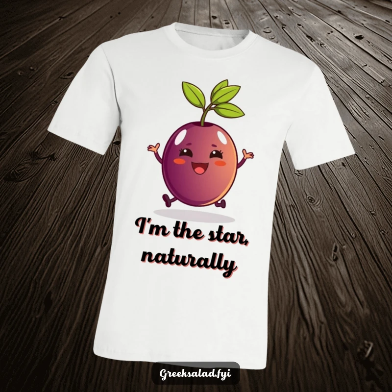 Funny Kalamata olive character with a stem gleefully hopping, expressing pure joy and playful energy on a t-shirt.