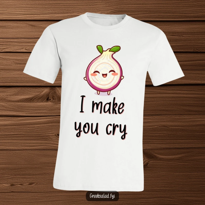 Funny t-shirt with a giggling red onion slice character doing a playful spin, embodying a fun and lighthearted vibe.