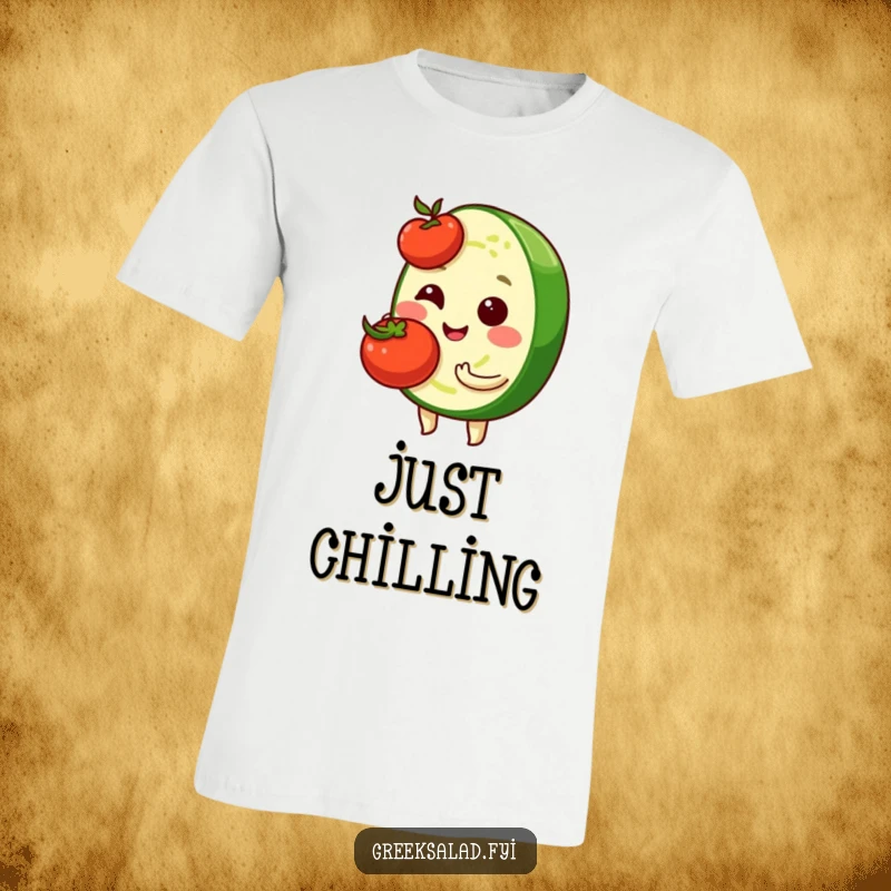 Funny t-shirt showcasing a shy cucumber slice character with a sweet smile, holding a bright red cherry tomato, perfect for casual wear.