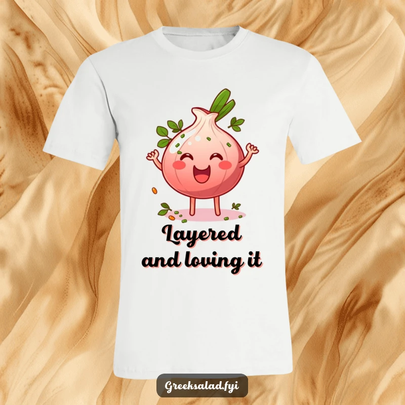 Funny grinning red onion ring character wiggling energetically and sprinkled with herbs on a t-shirt, energetic comedic apparel.