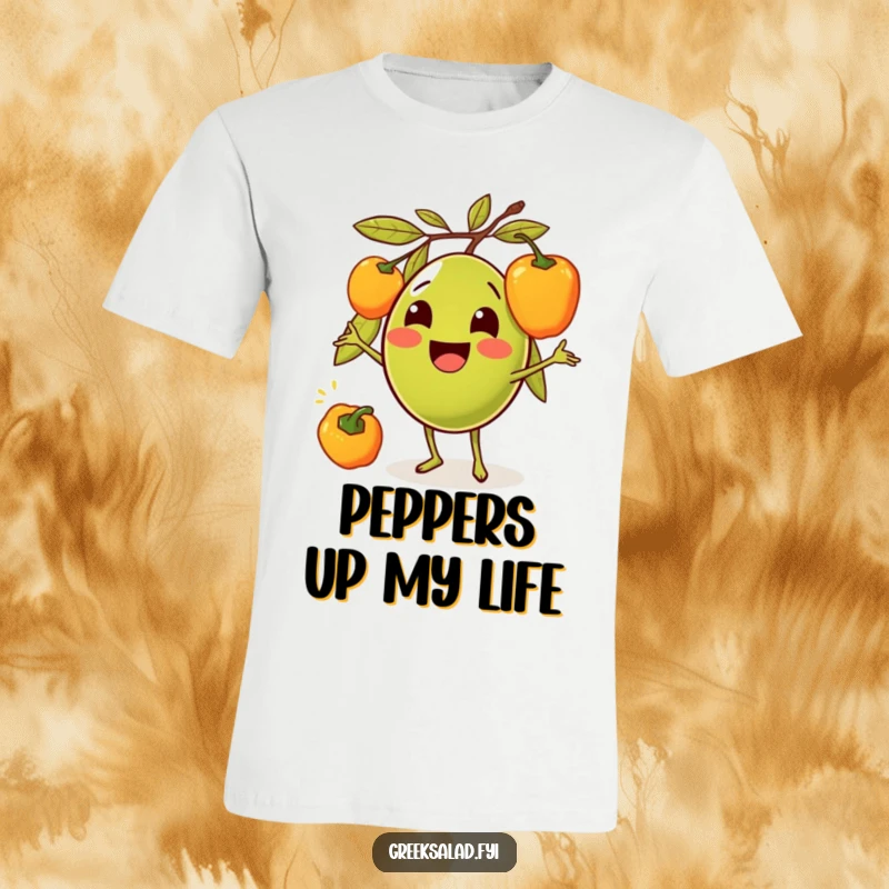 Funny t-shirt with a smiling olive cartoon character energetically juggling assorted bell peppers, expressing playful culinary talent.
