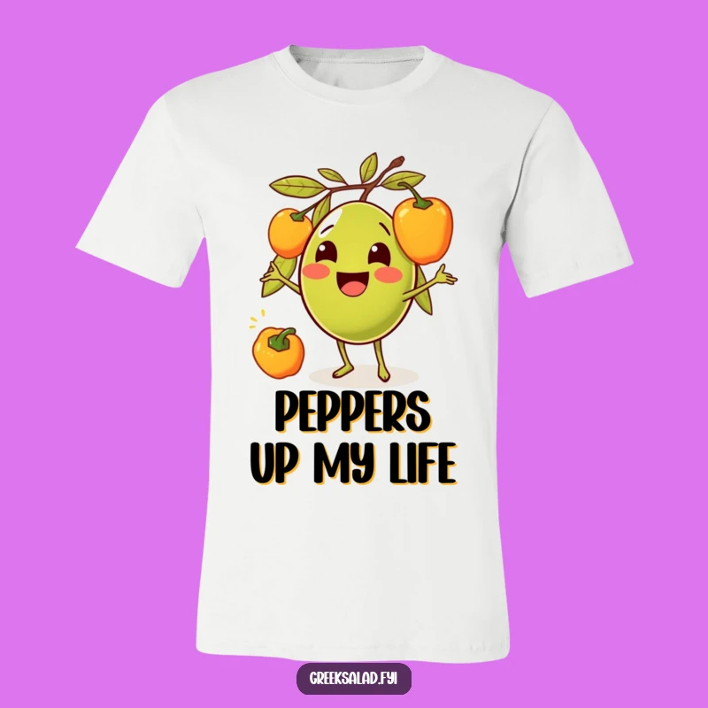 Funny Olive Juggling Peppers T-Shirt: A Hilarious Cartoon Graphic Tee for Foodies