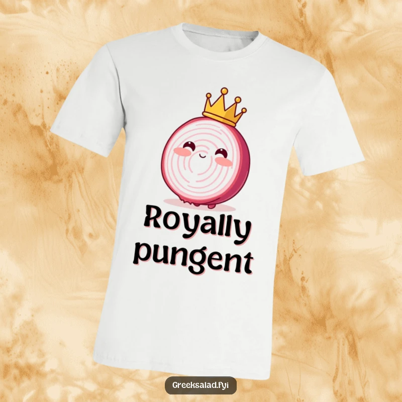 Funny T-shirt featuring a blushing red onion slice wearing a small crown, swaying gracefully, a regal veggie statement.