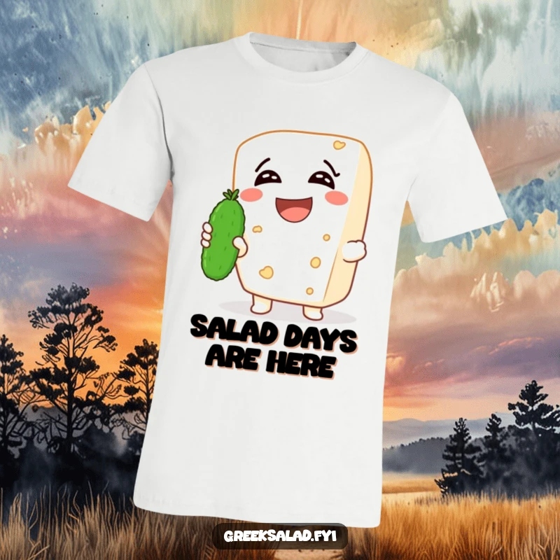 Funny t-shirt featuring a laughing feta cheese character holding a tiny cucumber, designed for comfort and cheesy, witty humor.
