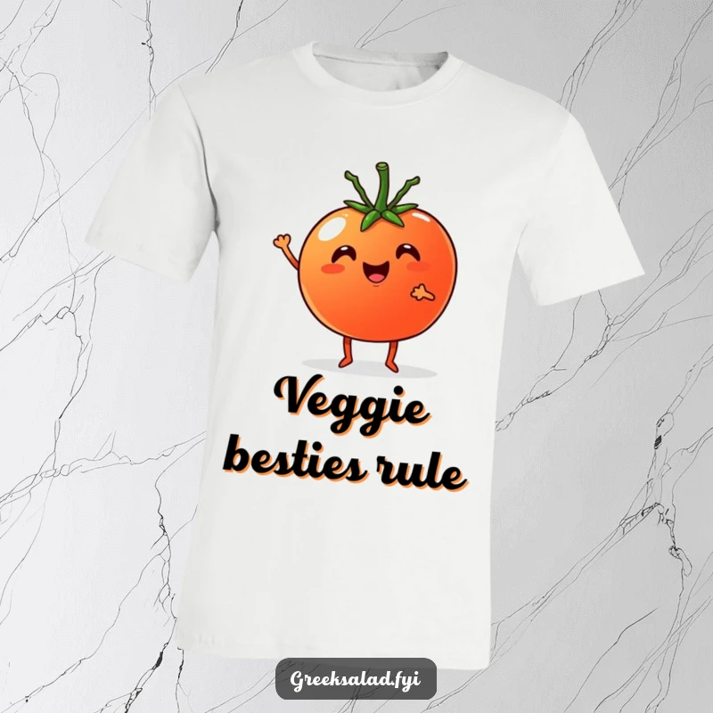 Funny T-Shirt: Cheerful tomato with tiny legs cheering heartily with a delighted cucumber, celebrating healthy friendship.