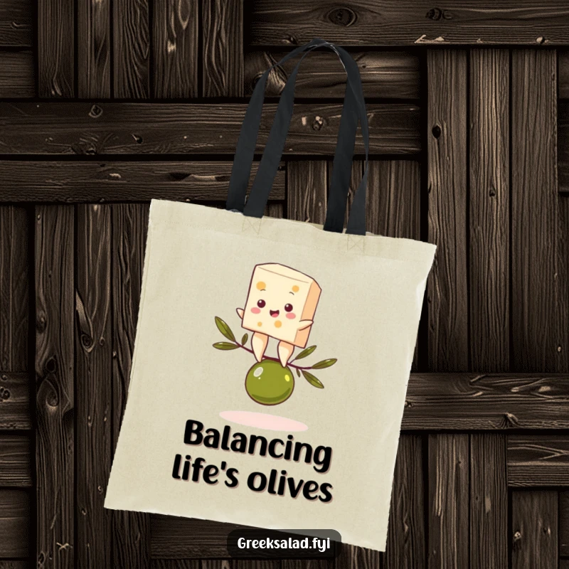 Funny tote bag with a feta cheese character comically balancing on an olive, perfect for carrying goods with foodie humor.