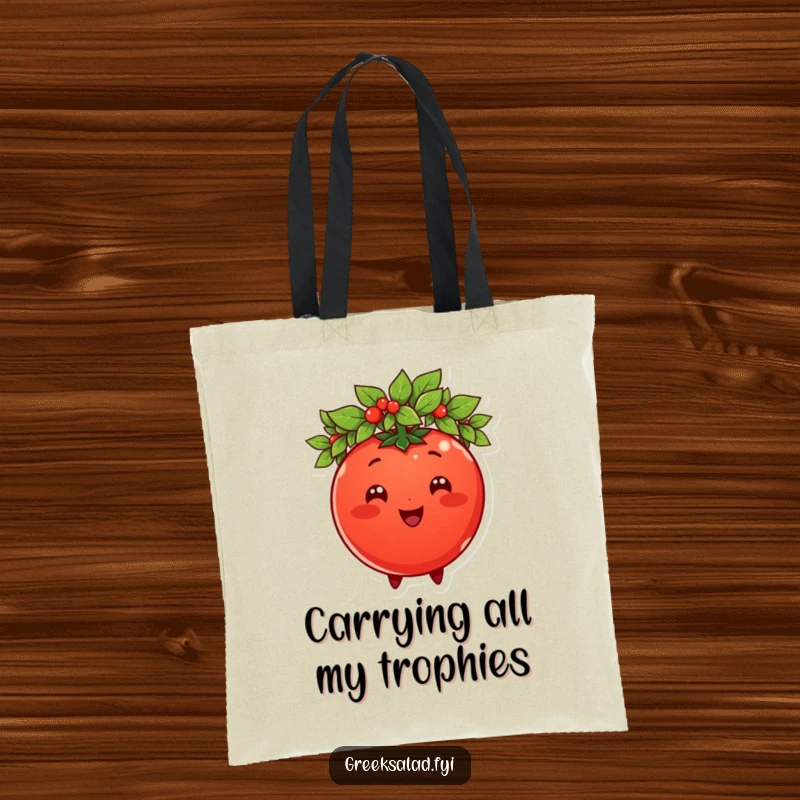 Funny tomato character wearing a laurel wreath, showcased on a tote bag, ideal for carrying groceries with a humorous regal touch.