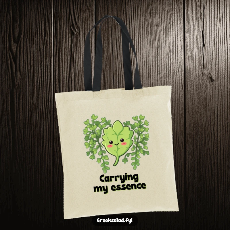 Funny tote bag featuring a curious oregano leaf with a smile, gently floating down, ideal for carrying peaceful essentials.