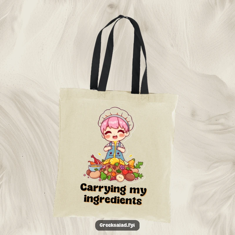 Funny tote bag with a chef character happily drizzling over ingredients, celebrating the joy of baking.