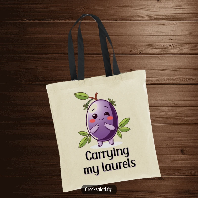 Funny tote bag with a delighted Kalamata olive wearing a laurel wreath and bowing, a chic and humorous accessory.