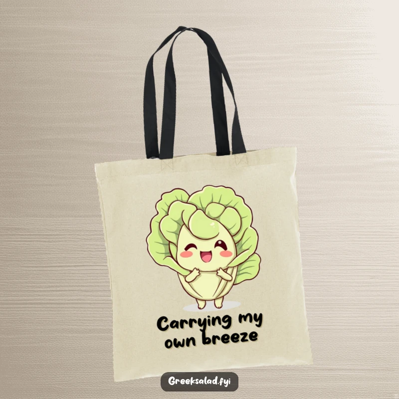 Funny tote bag with a delighted lettuce leaf character fanning itself, conveying a cool and humorous attitude for everyday use.