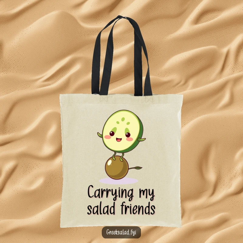 Funny tote bag featuring a cucumber balancing on an olive, a humorous and practical accessory for carrying laughter.