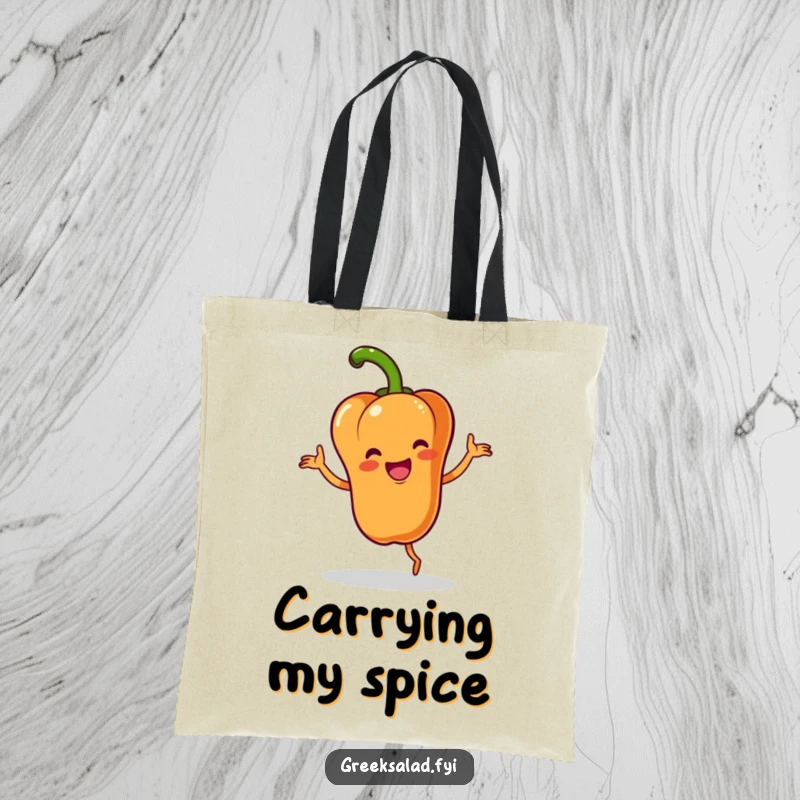 Funny tote bag with a happy bell pepper character performing a lively jig with a flourish, perfect for carrying essentials with flair.