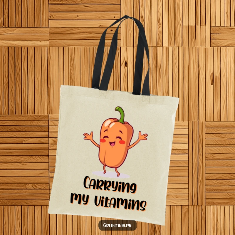 Funny tote bag featuring a bell pepper character dancing goofily, a charming and practical accessory for carrying daily items with a veggie twist.