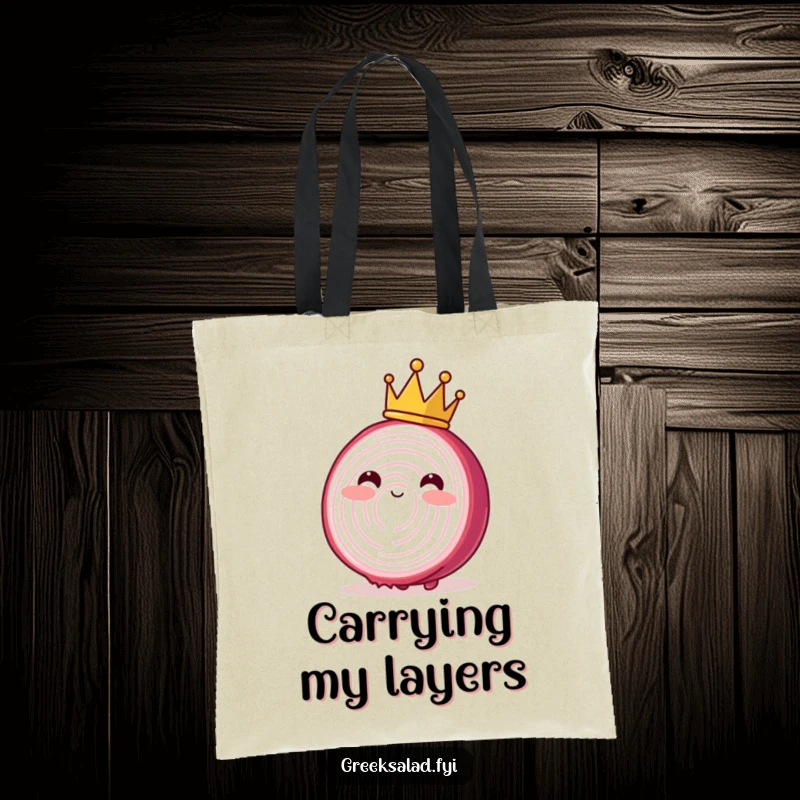 Funny tote bag featuring a blushing red onion slice wearing a crown, swaying elegantly, perfect for carrying produce.