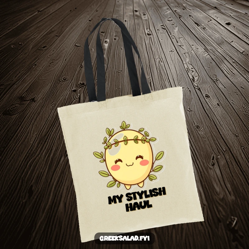 Funny tote bag featuring a cheeky olive character with a grin and a laurel wreath, perfect for stylish, witty carrying.