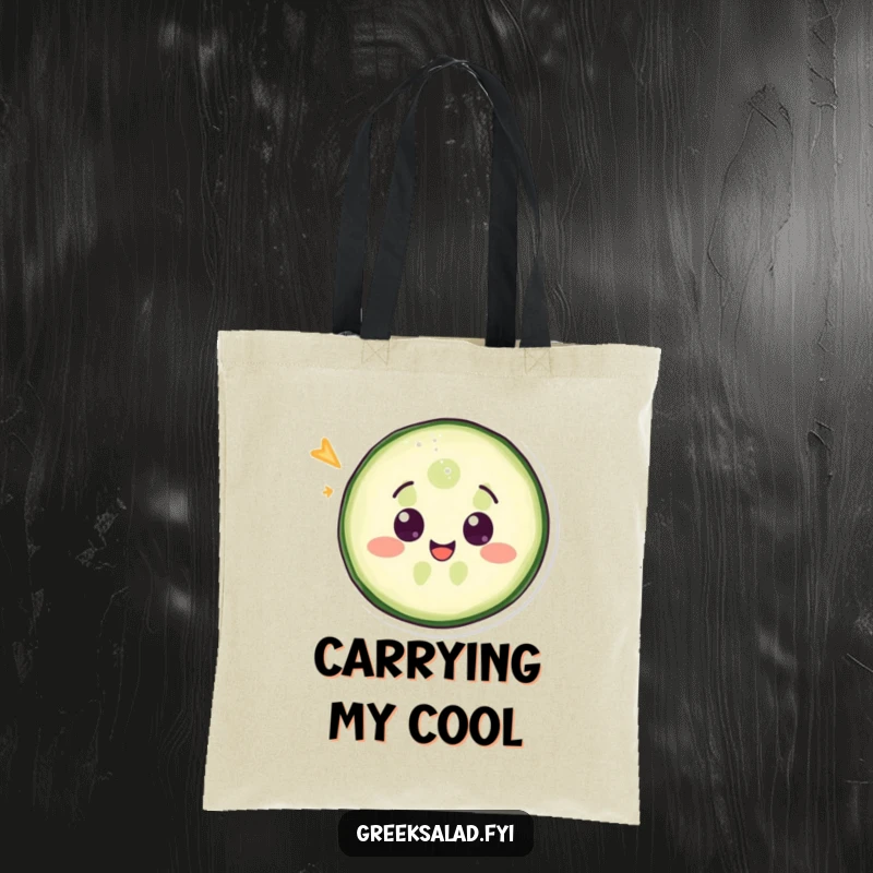 Funny tote bag showcasing a delighted cucumber slice winking, ideal for groceries and giggles.
