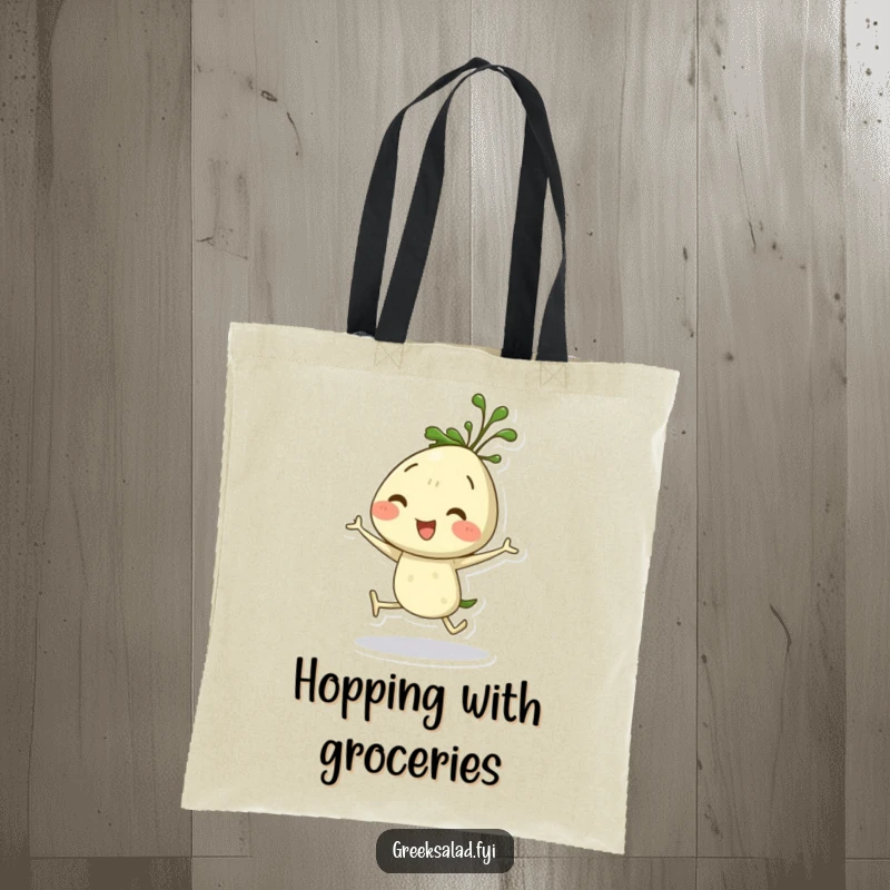 Funny dill sprig tote bag showing a cute herb character in a happy hop, perfect for carrying groceries with glee.
