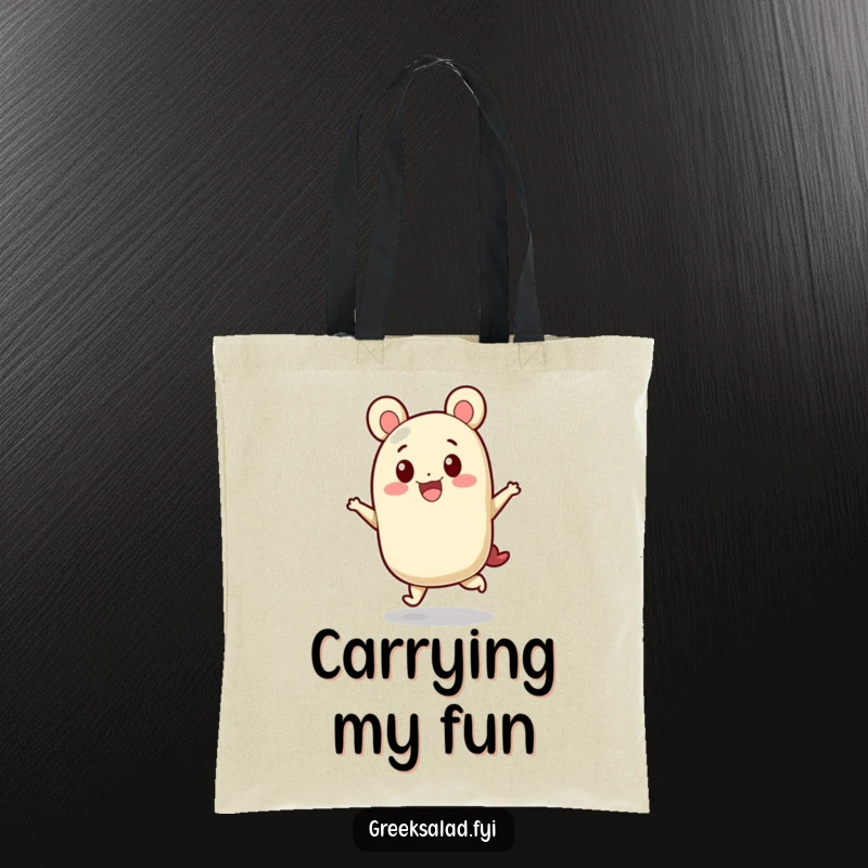 Funny tote bag illustration of a feta cheese block character in a spirited hop, perfect for everyday cheesy joy.