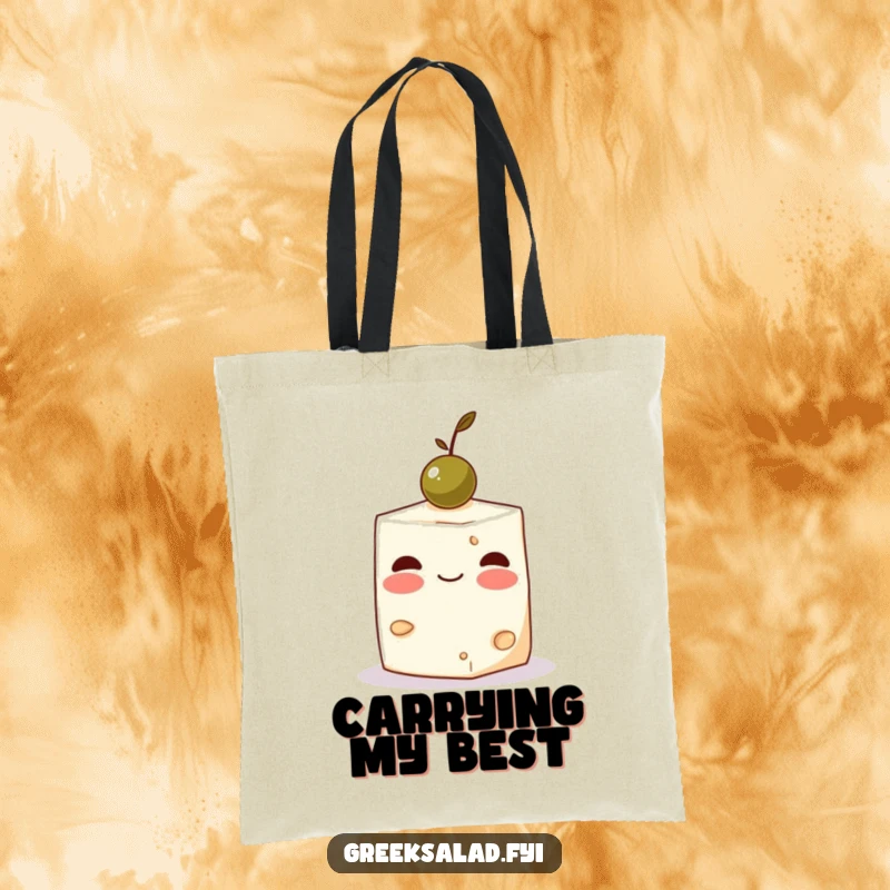 Funny Feta Cheese Olive Tote Bag: A blushing feta cube with an olive on its head, a charming accessory.