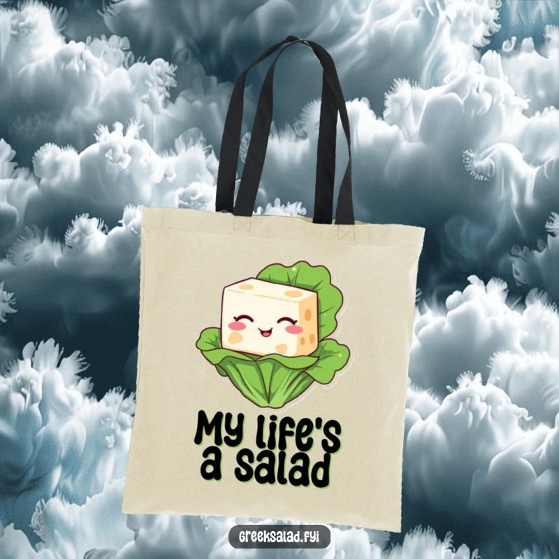 Funny tote bag with a cartoon feta cheese block winking adorably while resting on a fresh green lettuce leaf.