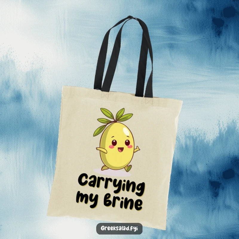 Funny tote bag featuring a playful Greek olive character rolling happily, ideal for carrying groceries.