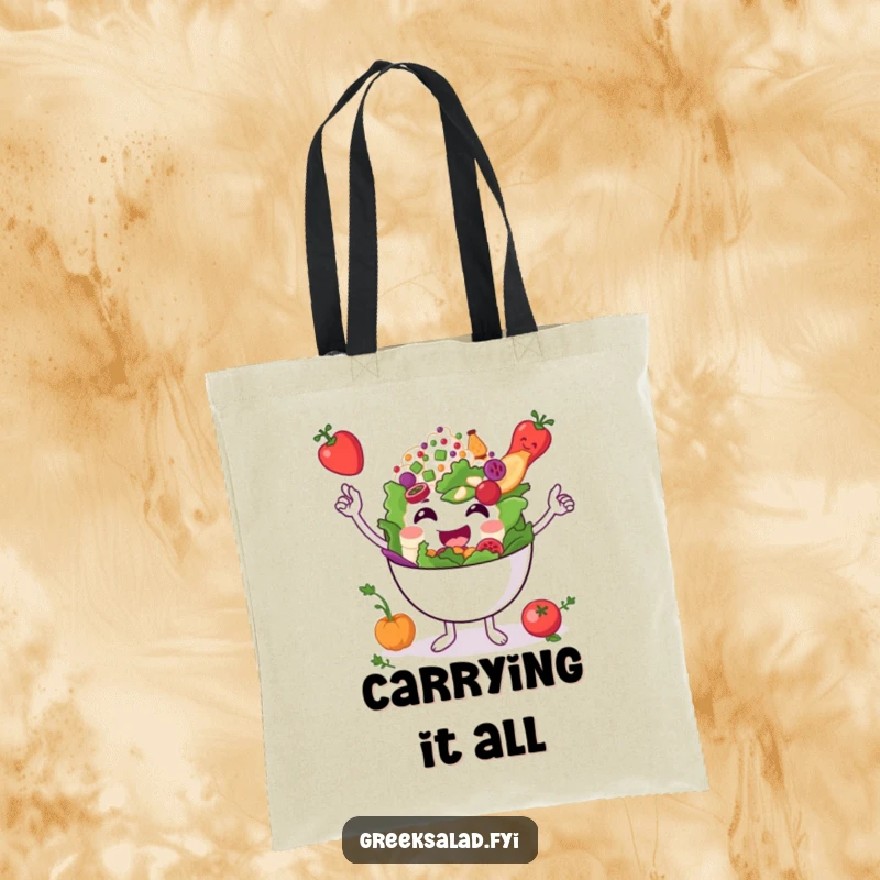 Funny smiling Greek salad bowl character balancing tiny ingredients on a tote bag, perfect for carrying items with humorous grace.
