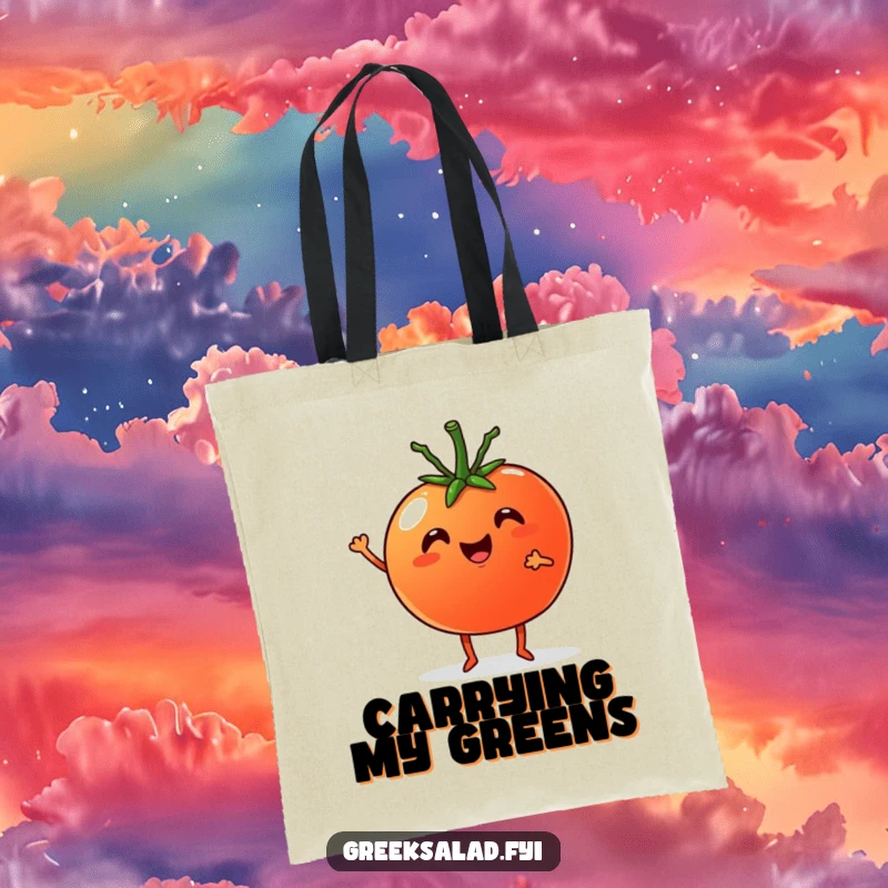 Funny Tote Bag: Cheerful tomato with tiny legs cheering with a cucumber, perfect for carrying essentials with joy.