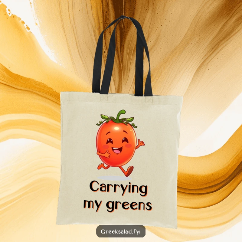 Funny tote bag with a cheerful tomato, wearing a laurel wreath, jogging happily, ready for errands.