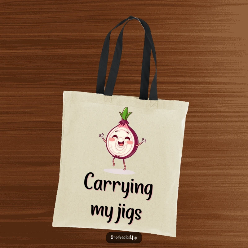 Funny Red Onion Jig Tote Bag: A gleeful red onion slice dances, a fun accessory for carrying items.